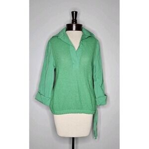 Vintage 70s Kelly Green Knit Blouse Wide Cuff Sleeve Boho Retro L/XL